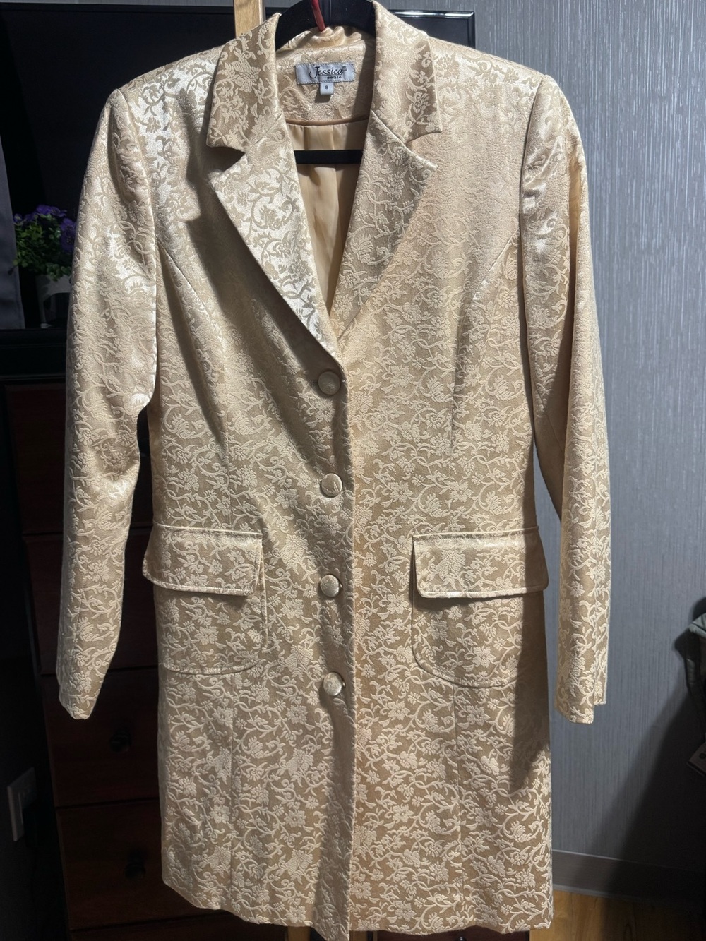 Jessica Petite Gold Brocade Long Blazer Coat Jacket Petite 8